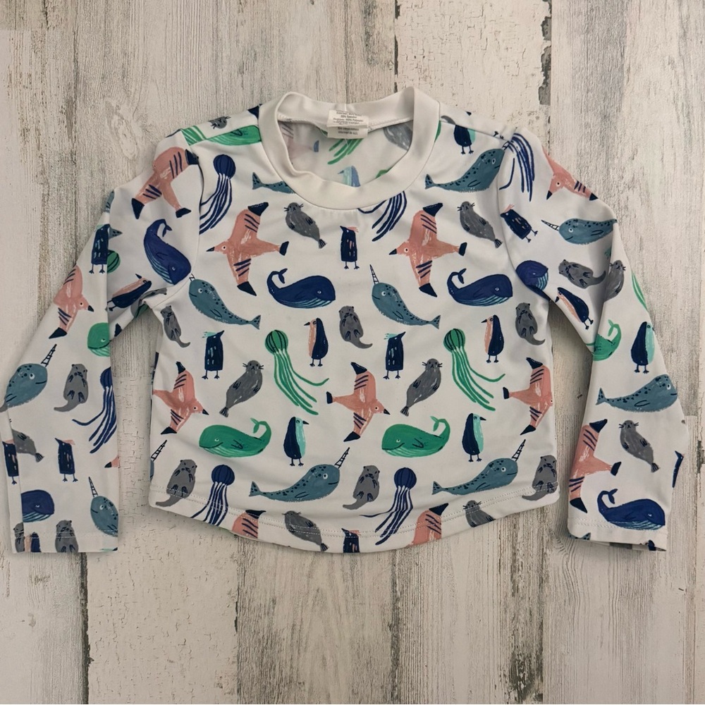 Gymboree White Rashguard with Blue, Green & Pink Sea Creatures